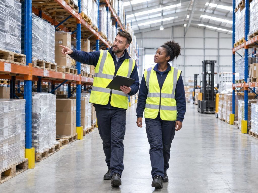 Supervisor with a clipboard pointing at pallet racking during a warehouse risk assessment