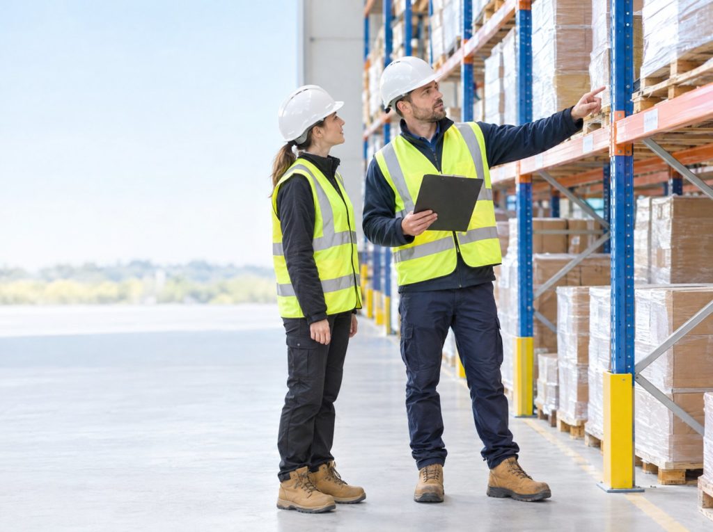 Supervisor with a clipboard pointing at pallet racking during a warehouse risk assessment