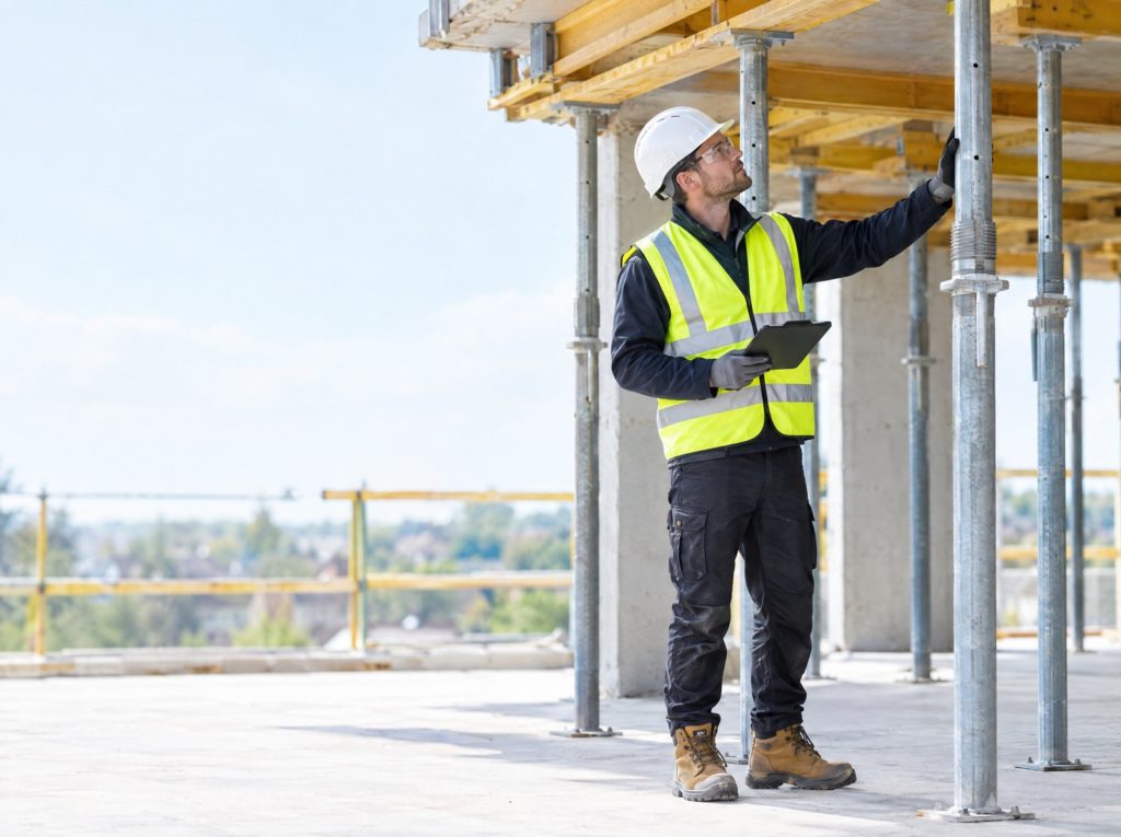 Temporary works coordinator checking steel props and formwork supporting a concrete slab