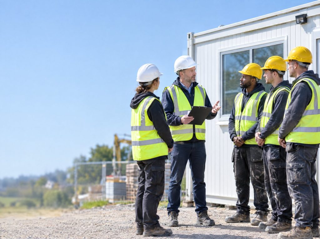 Site supervisor giving a toolbox talk to a small group of workers in hi-vis beside a site cabin