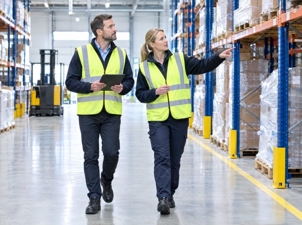 Manager and supervisor in hi-vis carrying out a risk assessment beside warehouse racking