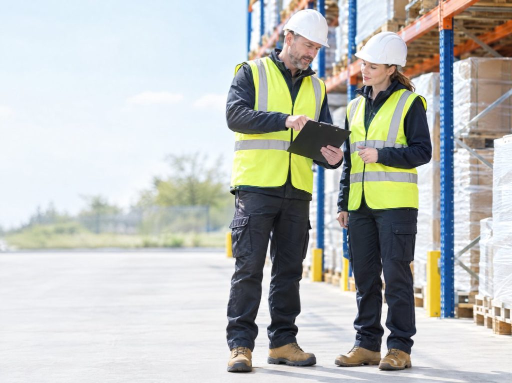 Manager and supervisor in hi-vis carrying out a risk assessment beside warehouse racking