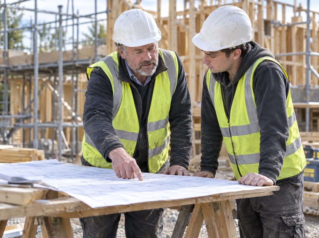 An experienced tradesperson in hi-vis reviewing drawings with a younger colleague on a bright UK building site