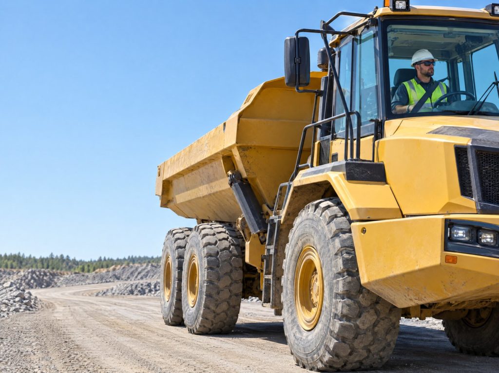 Operator in the cab of an articulated dump truck on a site haul road