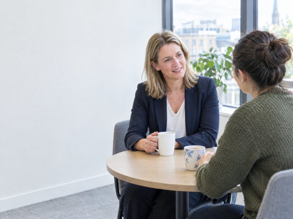 Line manager having a supportive one to one conversation with an employee over tea
