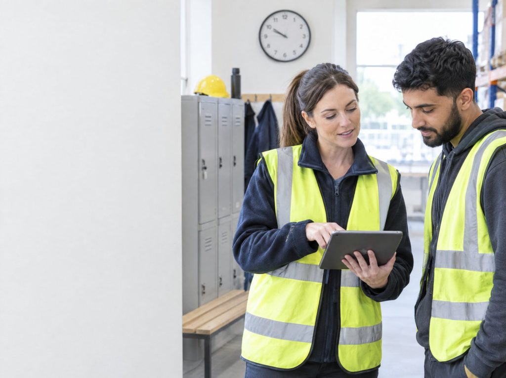 Shift supervisor in a hi-vis vest reviewing a rota on a tablet with a worker in a warehouse staff area