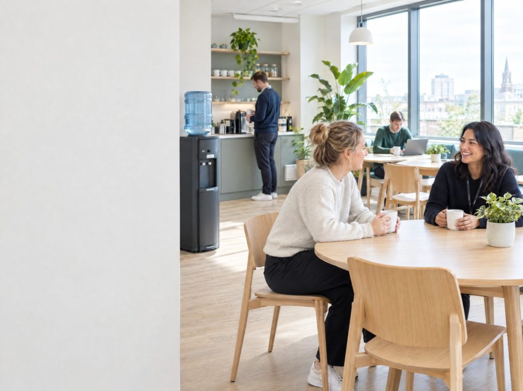 Bright staff kitchen and rest area with a water dispenser, tables and chairs in a modern workplace