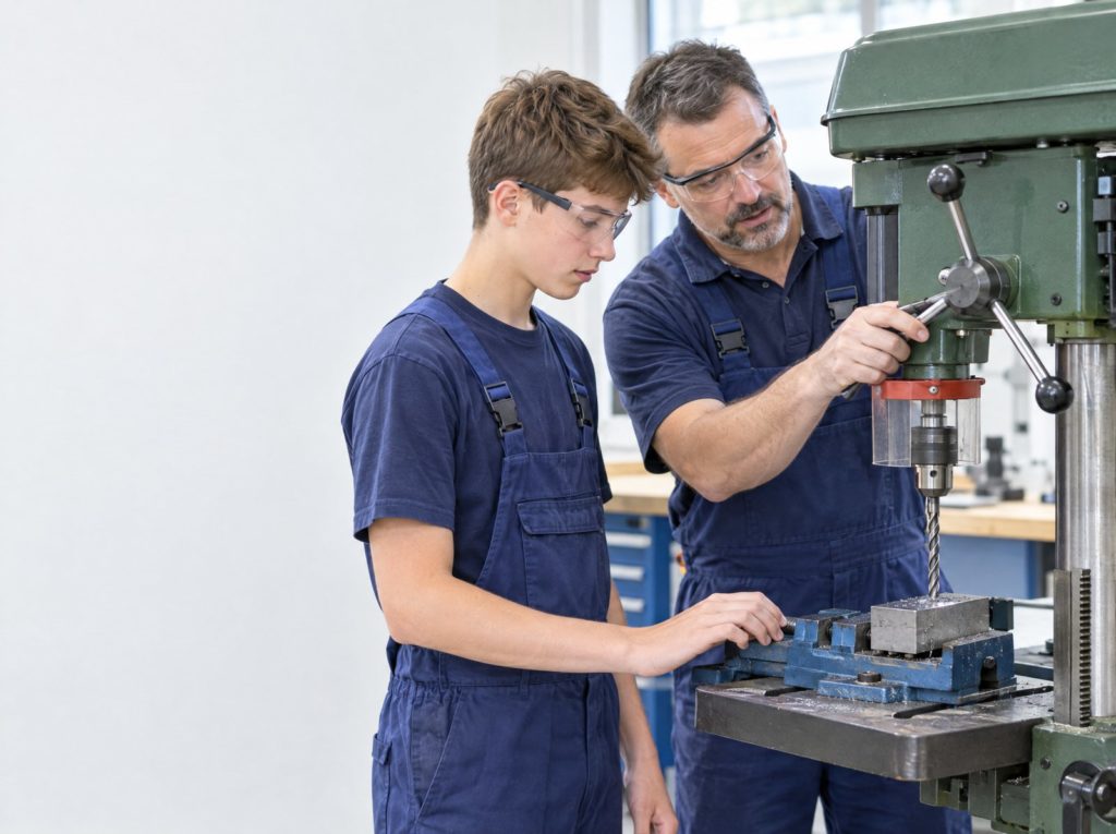 Apprentice in safety glasses being shown how to use a pillar drill by an experienced supervisor